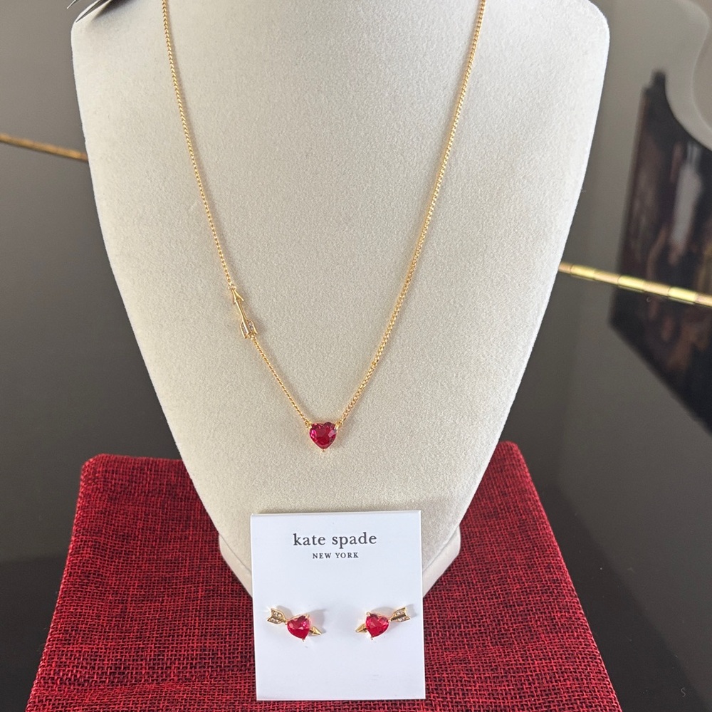 ♠️♥️ Kate Spade Gold Necklace with Red Heart Pendant and Earrings Set ♥️♠️